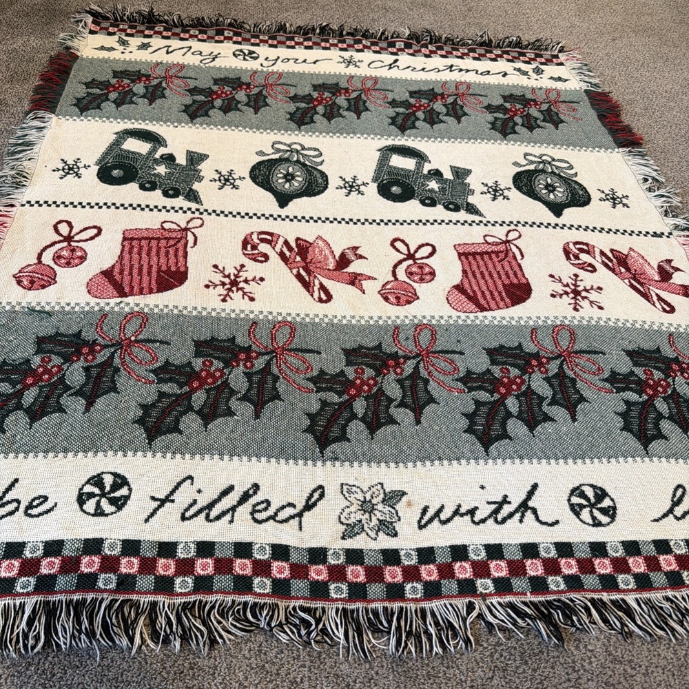 Vintage Woven Christmas Throw Blanket Holiday Trains Bells Flowers 54" X 45" Fun